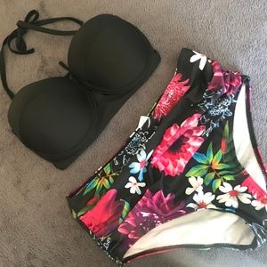 Juniors High Waisted Black Pink Floral Swimsuit L